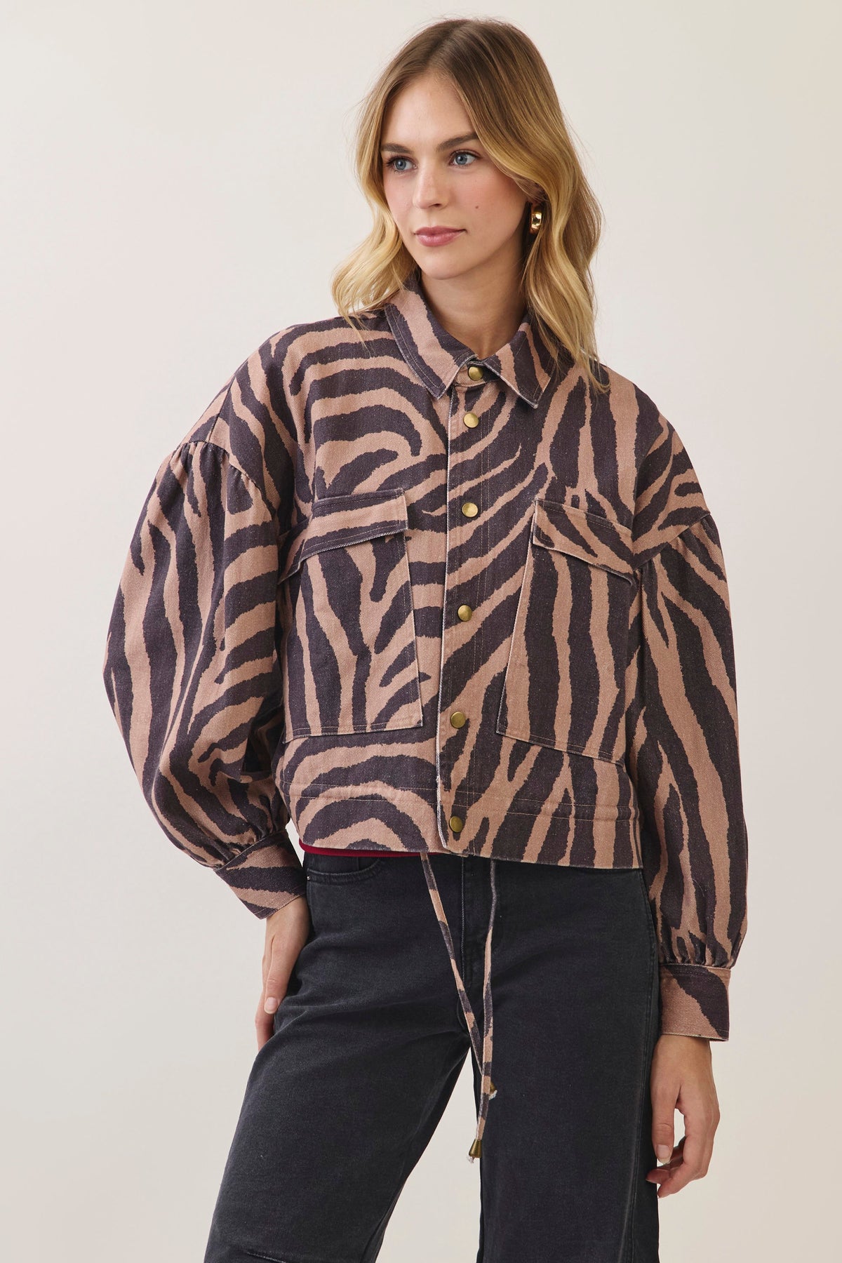 Zebra Print Oversized Chest Pockets Utility Jacket