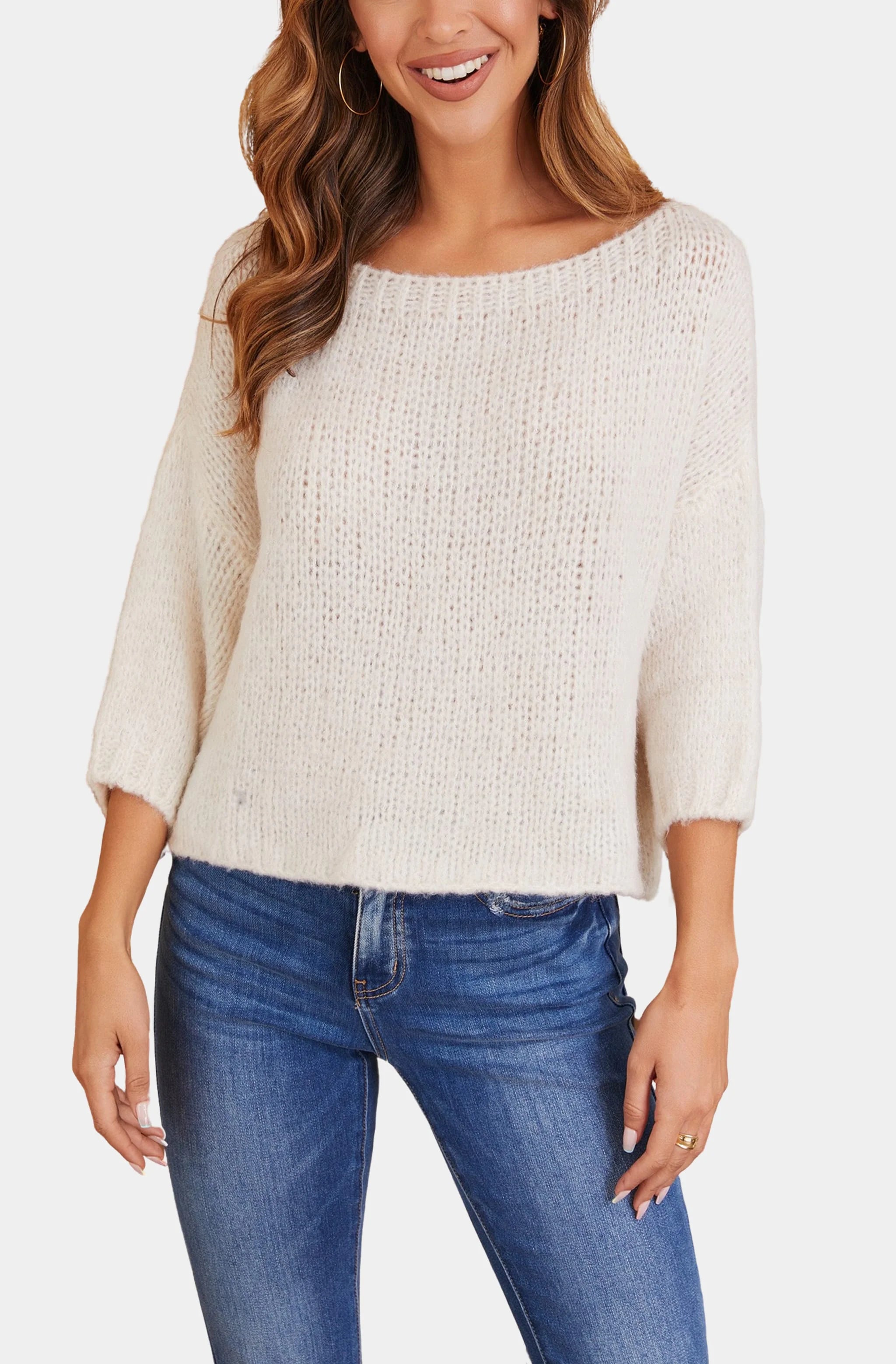 Fuzzy Knit Boat Neck 3/4 Sleeve Sweater