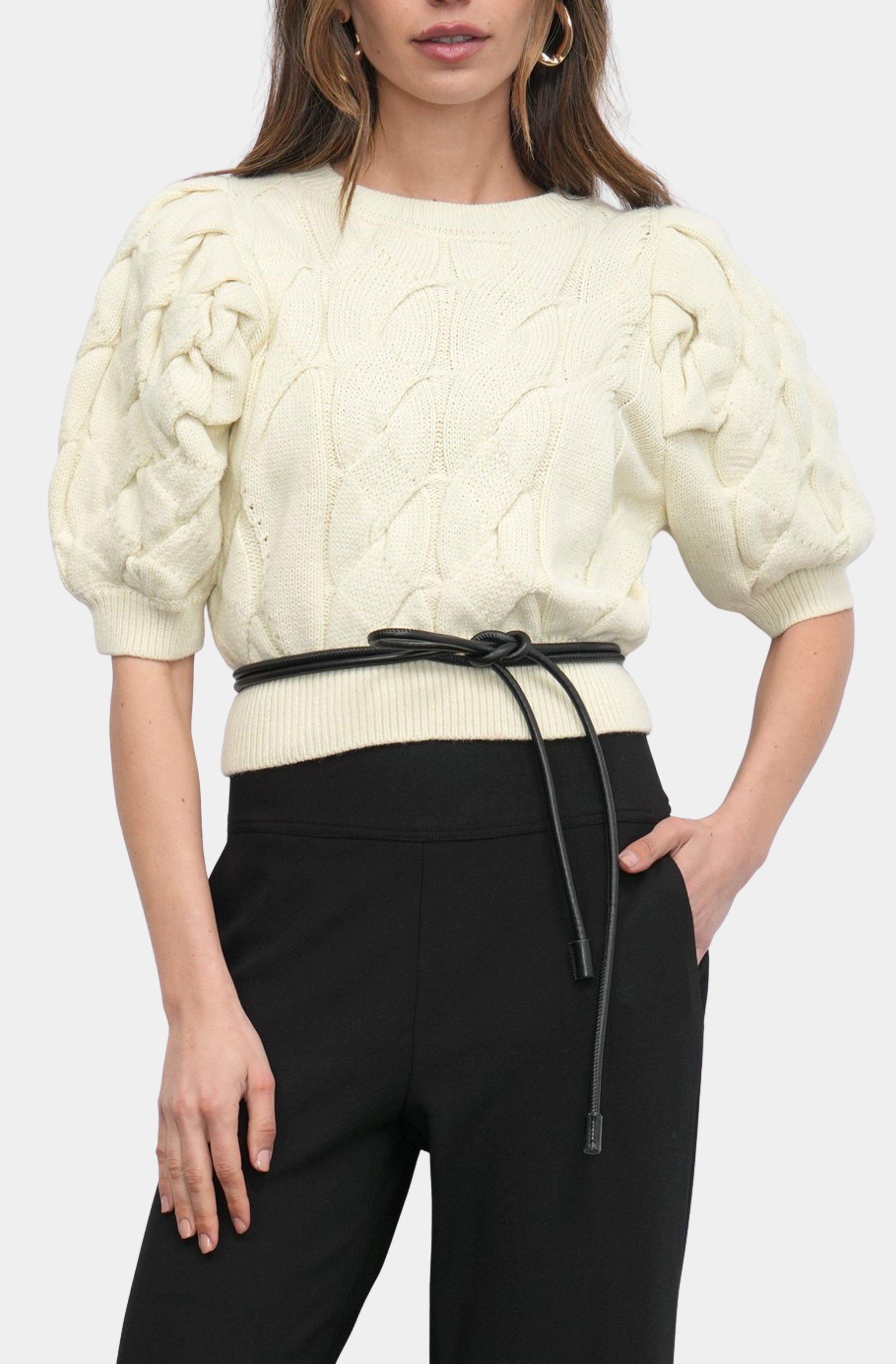 Hallie Cable Knit Puff Sleeve Sweater Top